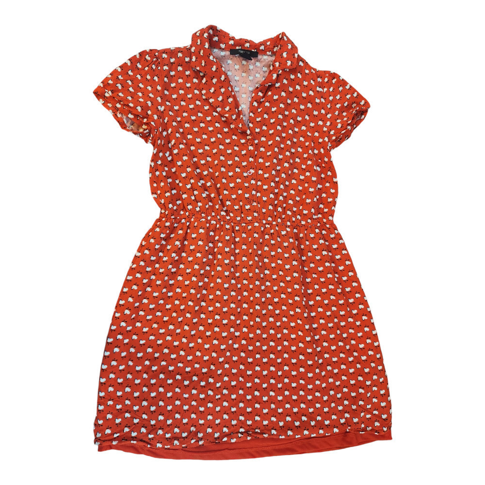 Forever 21 rooster / chicken print red mini dress sz small v neck w collar